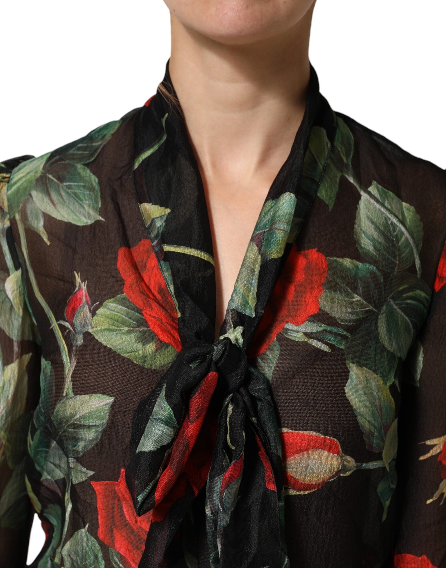 Dolce & Gabbana Schwarze Seidenbluse mit langen Ärmeln und Blumenmuster