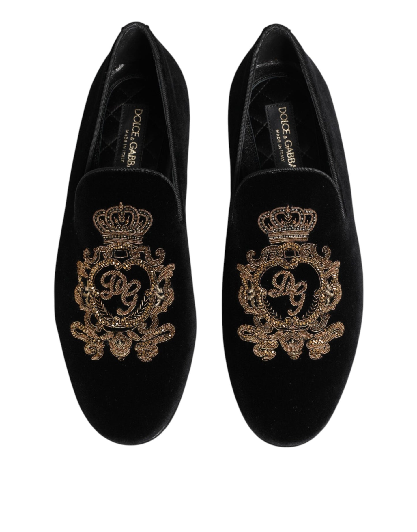 Dolce & Gabbana Schwarze Samt-Goldkrone Herren-Loafer