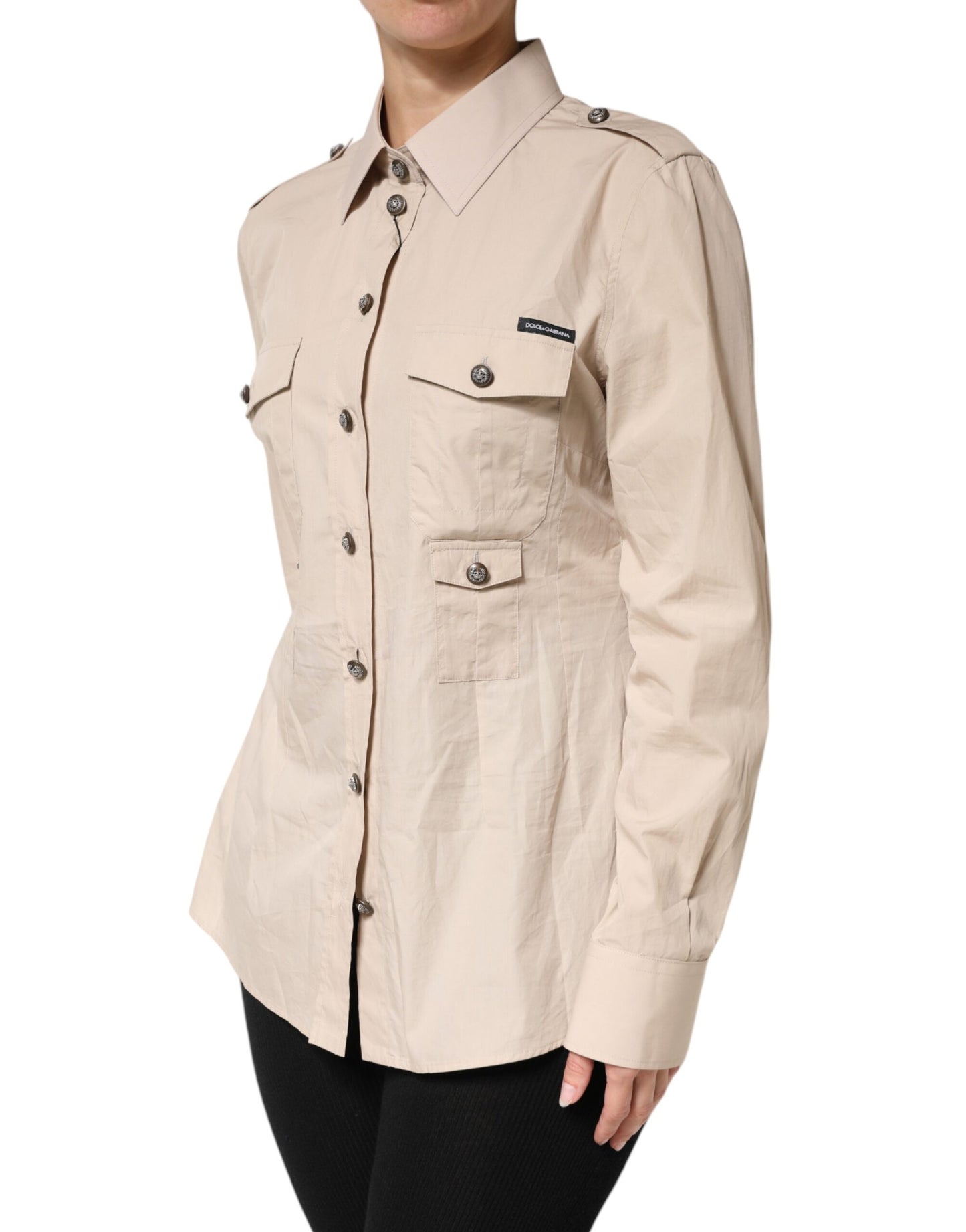 Dolce & Gabbana Beigefarbenes Langarm-Baumwollhemd mit Kragen