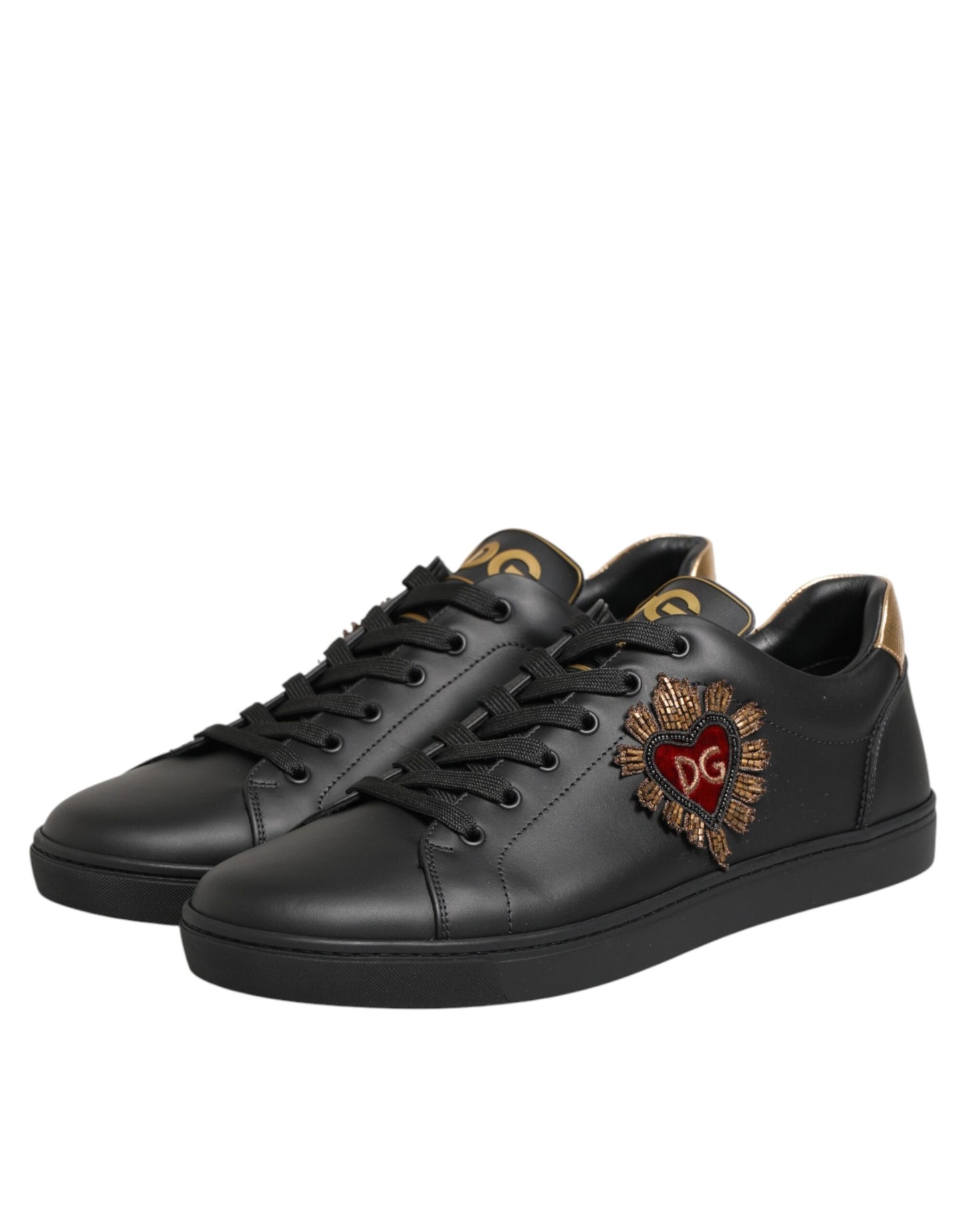 Dolce & Gabbana Schwarze Leder-Sneakers mit Herz-Verzierung