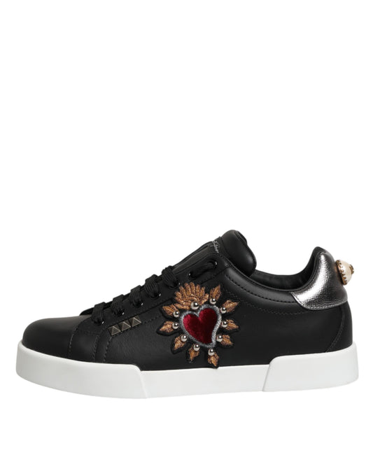 Dolce & Gabbana Schwarze Sneakers aus Leder mit Herz-Applikation