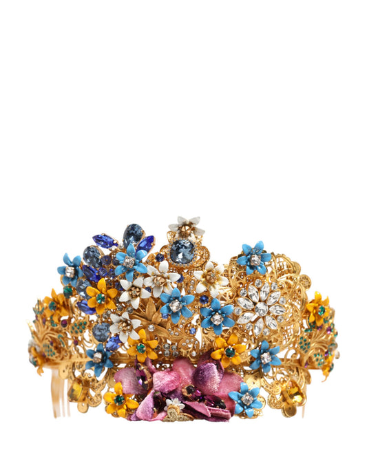 Dolce & Gabbana Goldene Messing-Kristall-Tiara mit Hortensien-Blüten