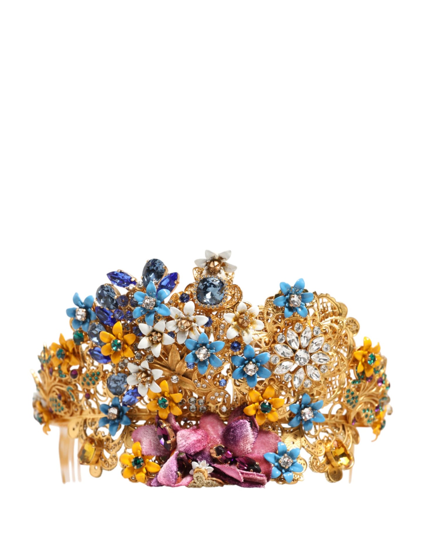 Dolce & Gabbana Goldene Messing-Kristall-Tiara mit Hortensien-Blüten