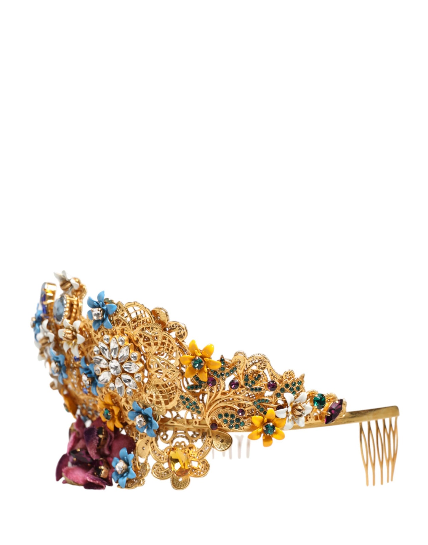 Dolce & Gabbana Goldene Messing-Kristall-Tiara mit Hortensien-Blüten