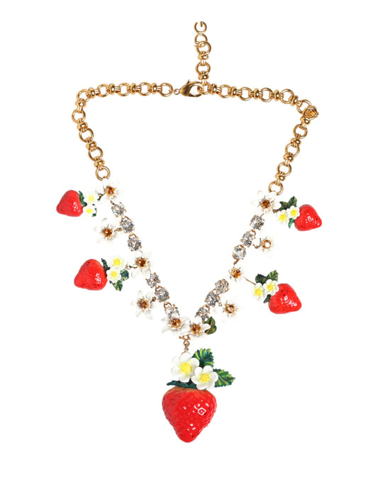 Dolce & Gabbana Goldene Messing-Halskette mit Obst- und Blumenanhängern und Kristalllogo