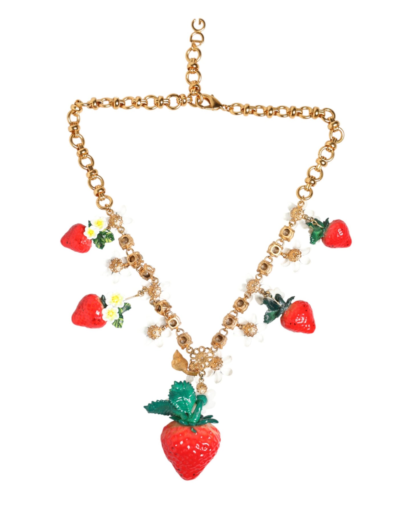 Dolce & Gabbana Goldene Messing-Halskette mit Obst- und Blumenanhängern und Kristalllogo