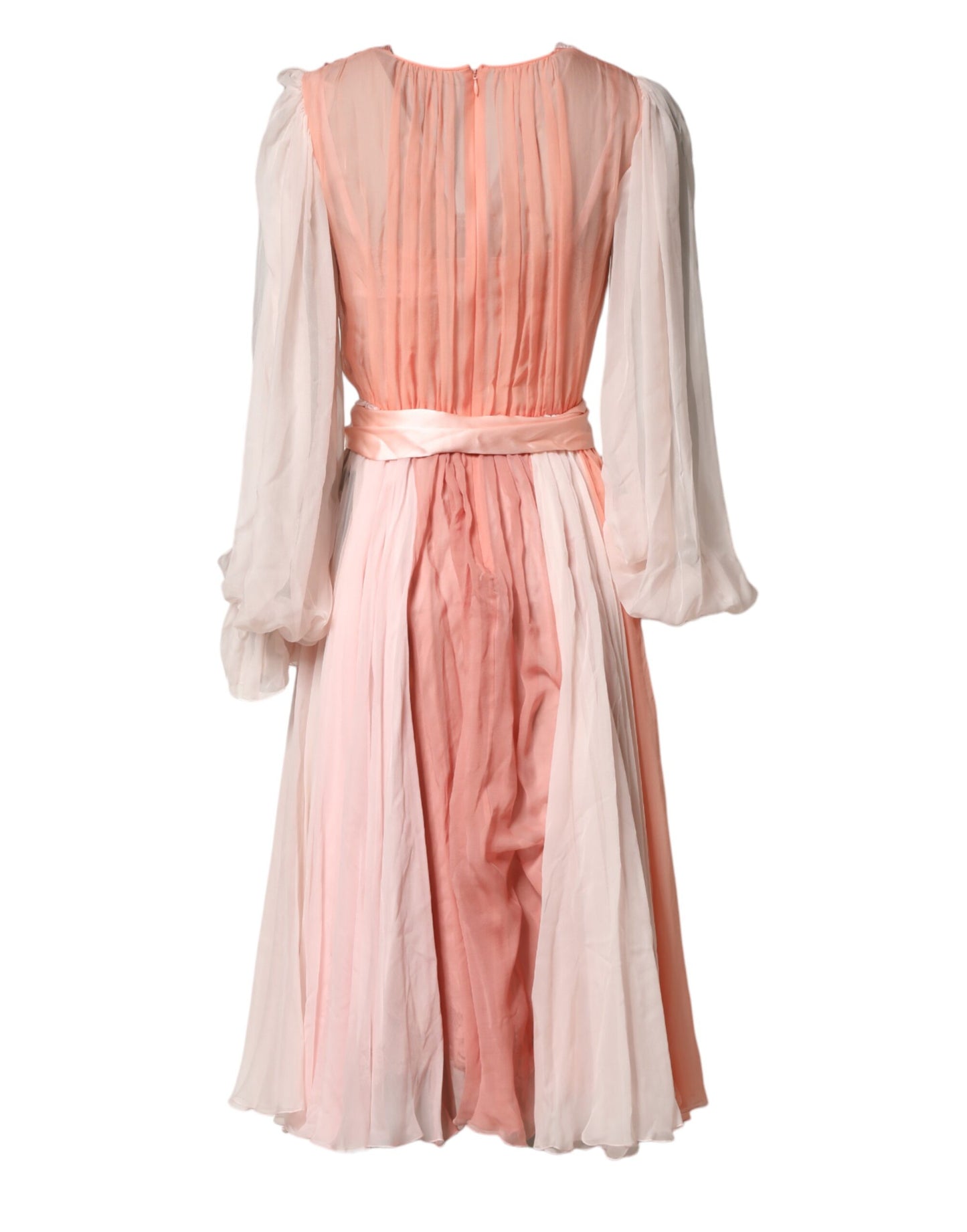 Dolce & Gabbana Rosa Seiden-Tüll Kleid mit langen Ärmeln und V-Ausschnitt