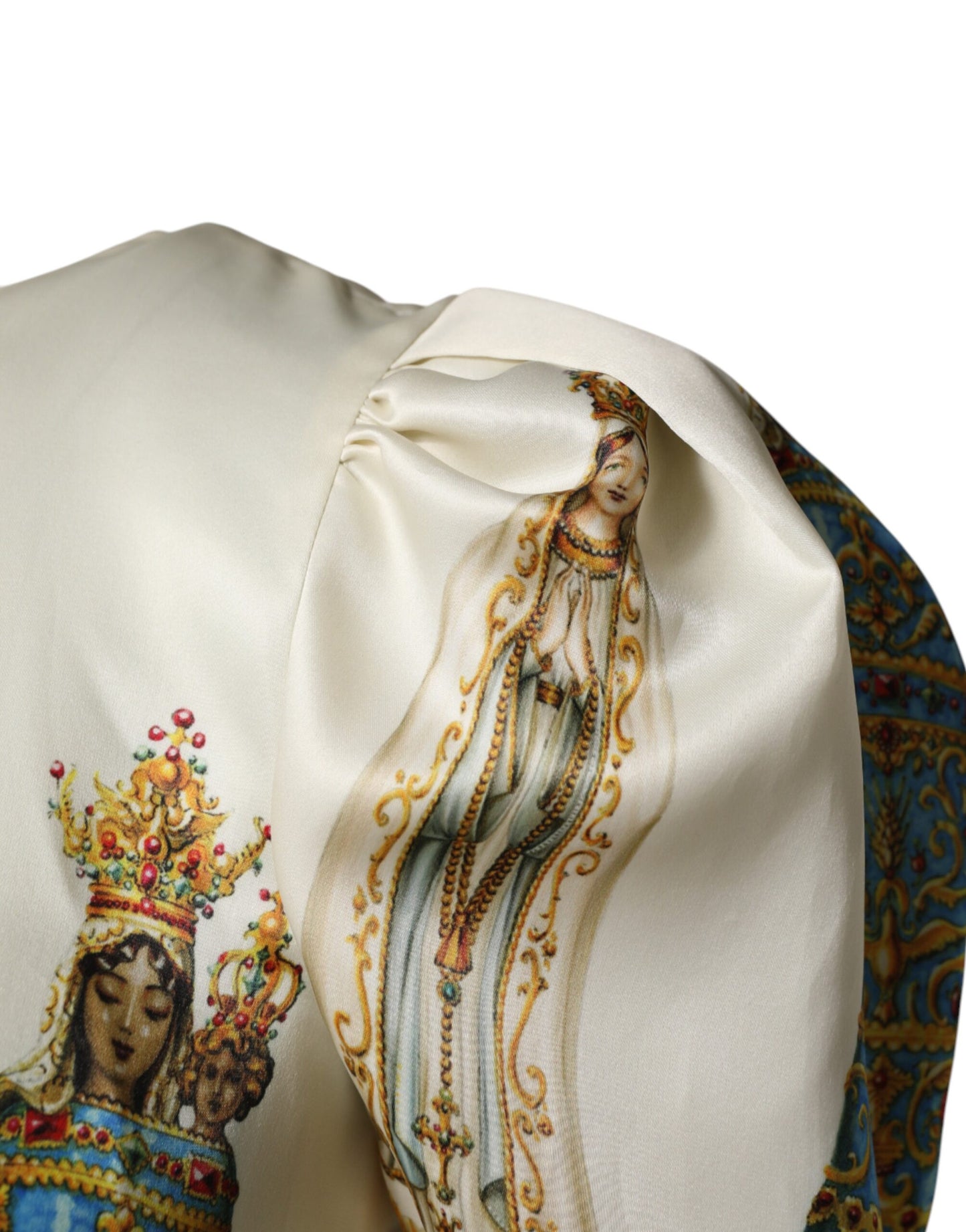 Dolce & Gabbana Beigefarbenes Madonnen-Print-Seidenkleid mit kurzen Ärmeln
