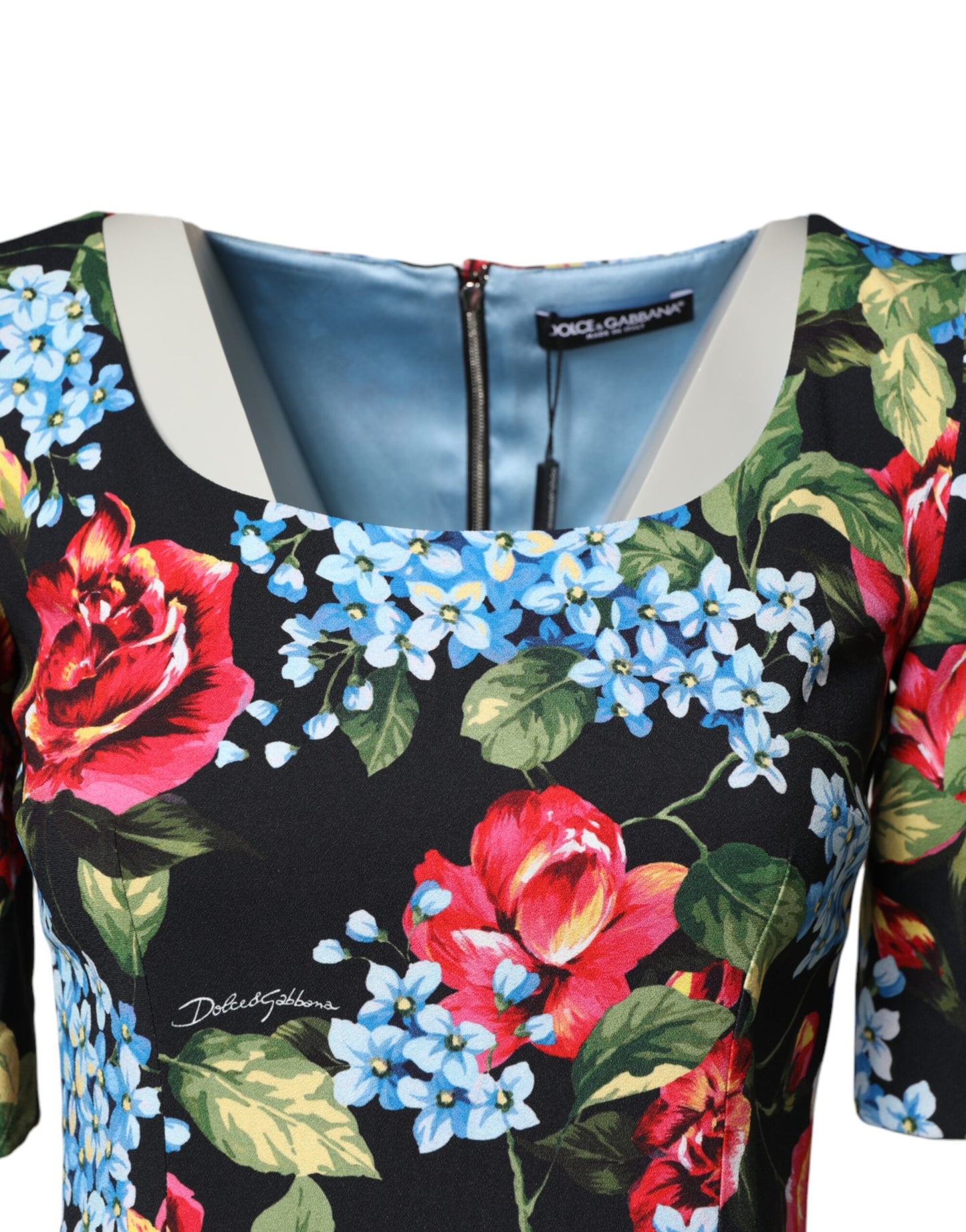 Dolce & Gabbana Schwarzes Midi-Etui-Kleid mit floralem Viskose-Print