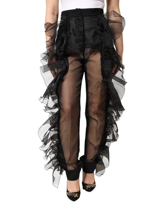 Dolce & Gabbana Schwarze, hochgeschnittene Wollhose mit Tüll