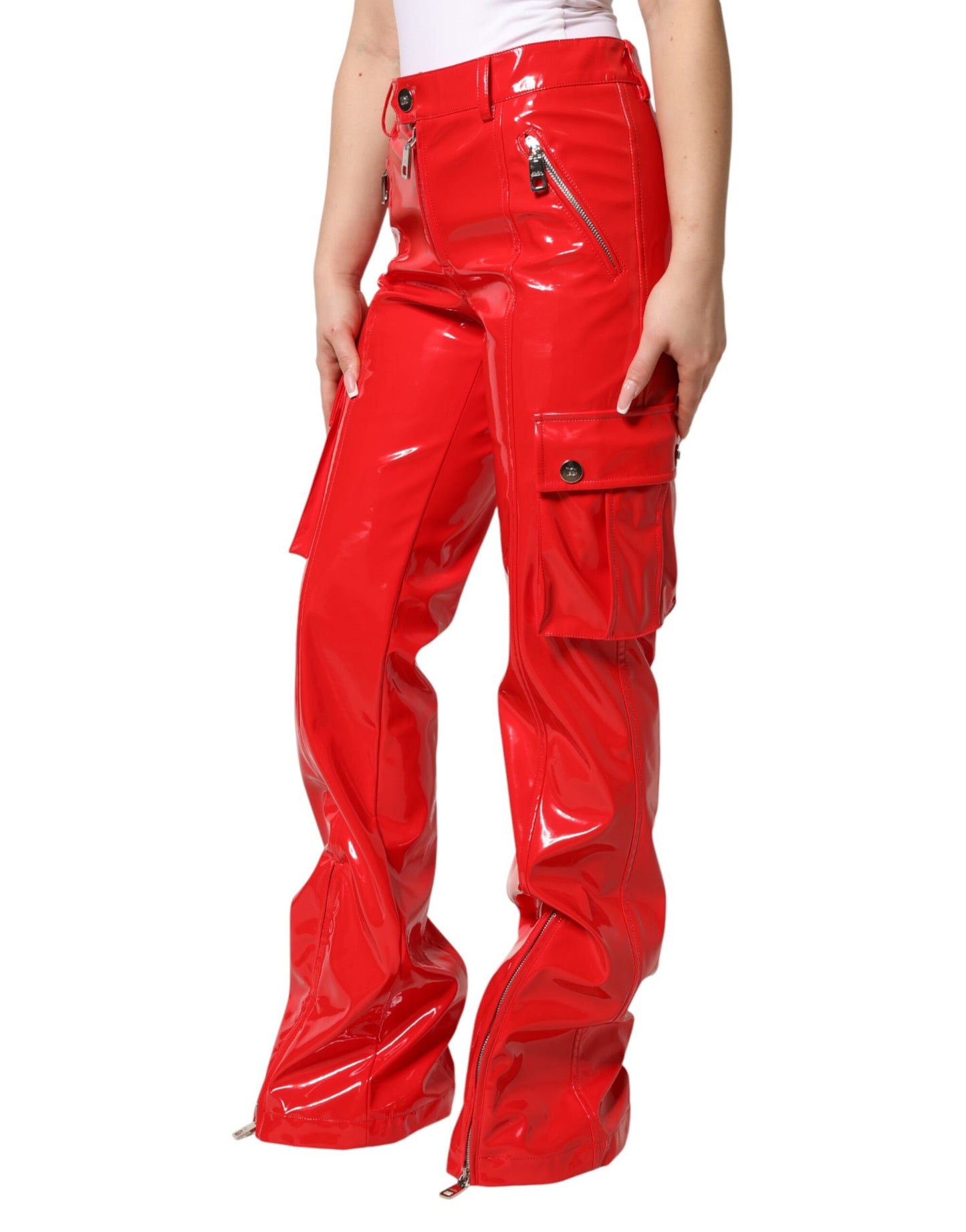 Dolce & Gabbana Rote, glänzende Polyester-Cargo-Bootcut-Hose