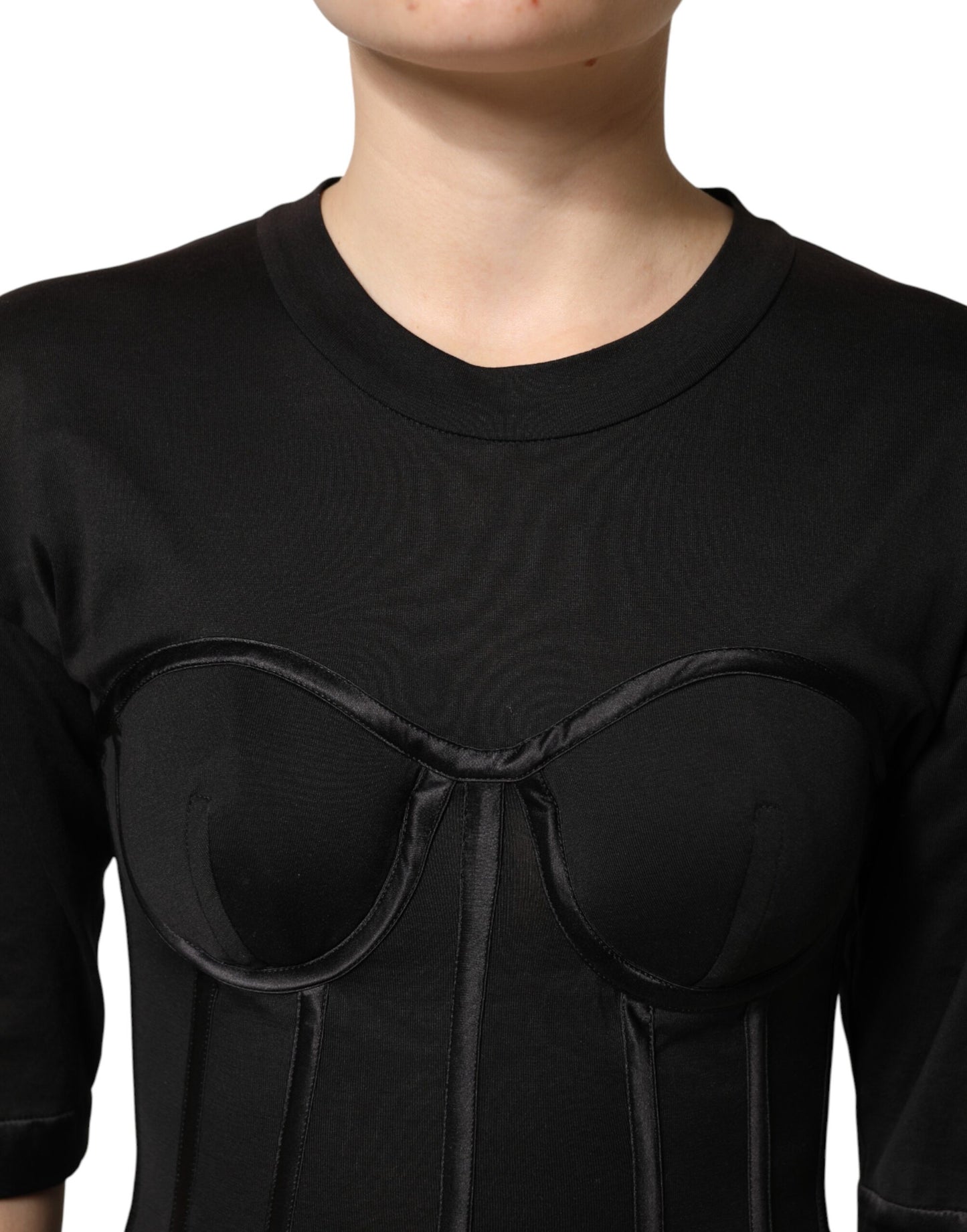 Dolce & Gabbana Schwarzes Baumwoll-Korsett-Bustier-T-Shirt mit kurzen Ärmeln