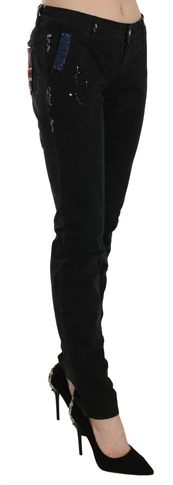 John Galliano Schwarze Low-Waist-Jeans mit weißer Bemalung