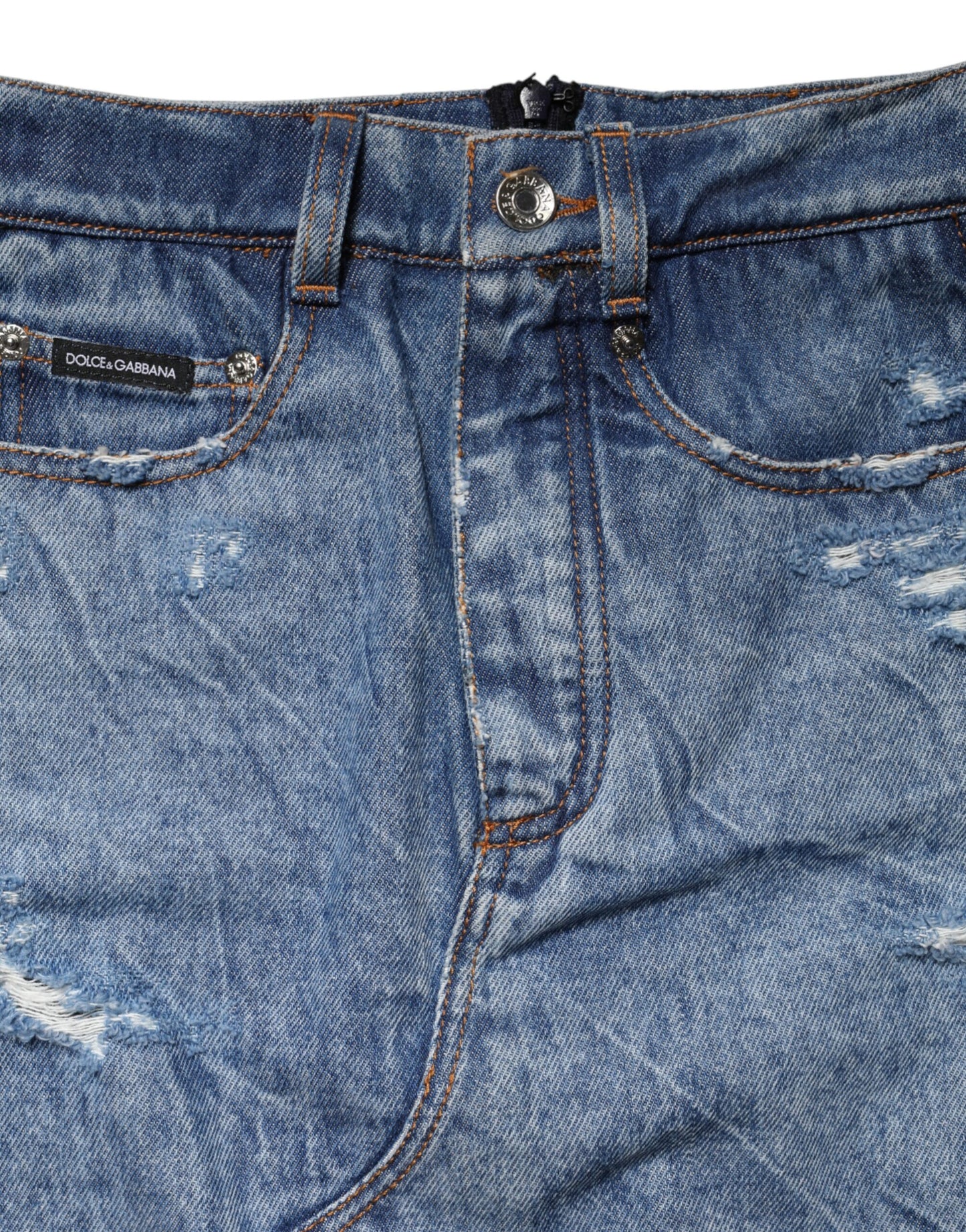 Dolce & Gabbana Blau-Schwarzer Baumwoll-Denim-Midi-Rock mit transparenten Einsätzen