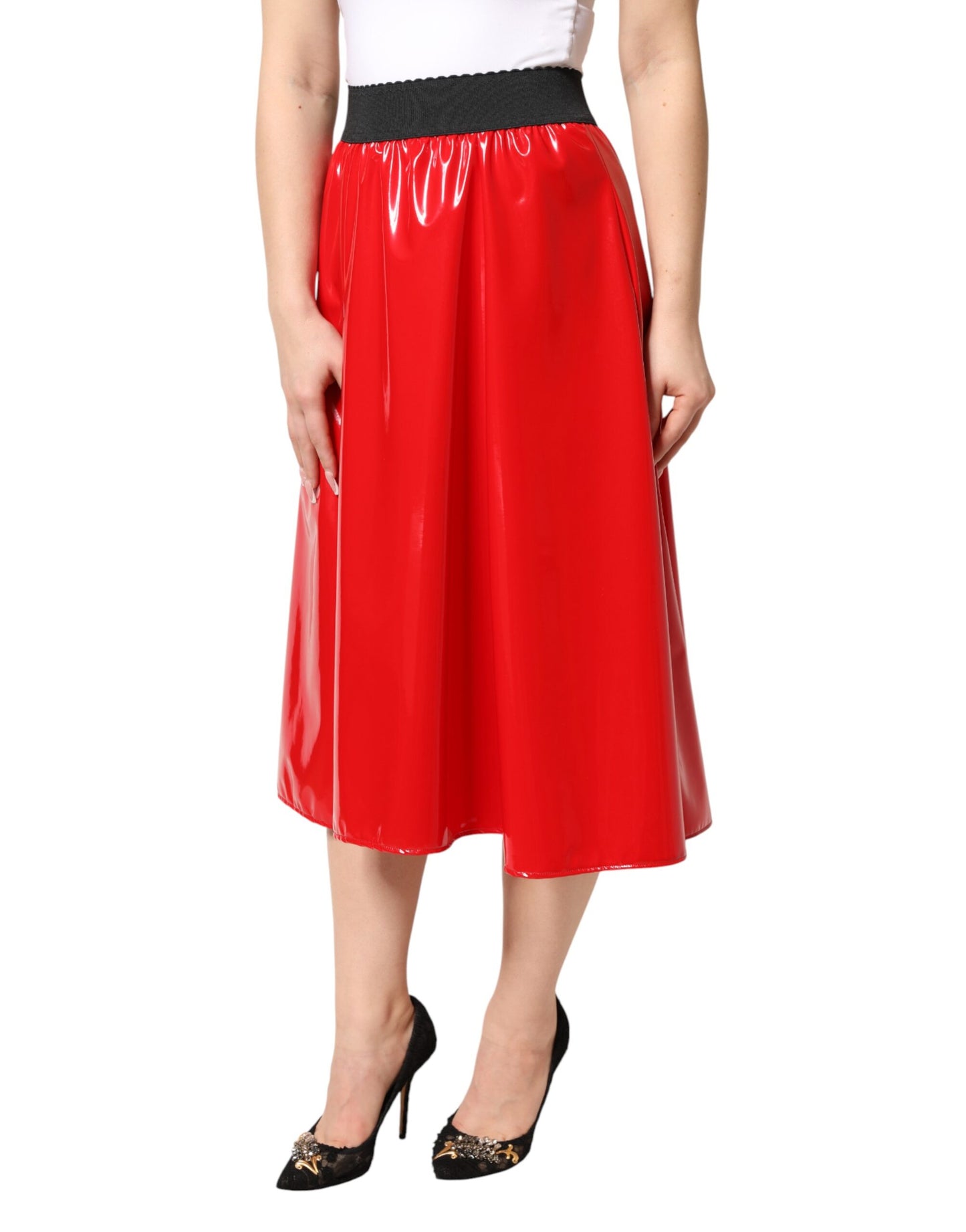 Dolce & Gabbana Glänzender Roter Polyester-Midirock mit hoher Taille