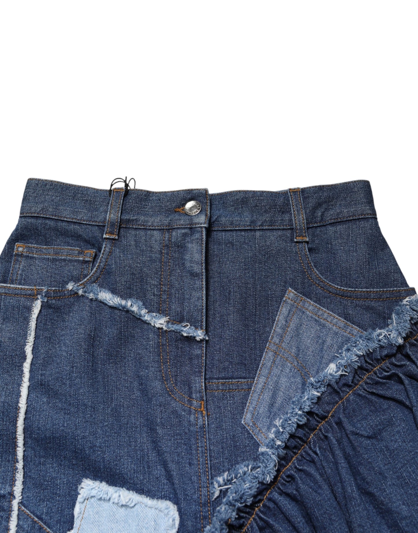 Dolce & Gabbana Blauer Patchwork-Midirock aus Lagen-Denim